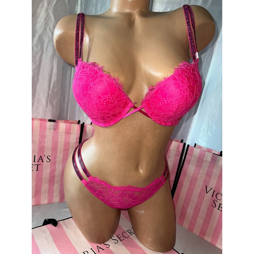 Victoria's Secret Bra Bombshell Double Bling Strap 32C Small Thong Lace